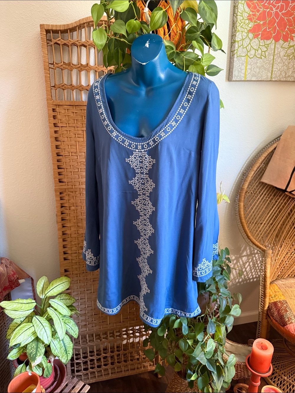 lovestitch Blue Boho Embroidered Scoop-Neck Tunic